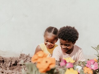 Black Teenage Boy and Younger Sister Planting Flowers in Community Garden on World Environment Day, Smiling in Sustainable Outfits, Sunny Afternoon