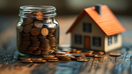 A jar filled with coins sitting next to a house model, symbolizing the goal of saving enough to purchase a home.
