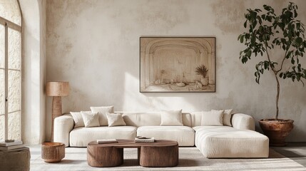 A stylish living room with a modular sofa placed in front of a stucco wall, embodying minimalist design principles. The space is bright and airy, with a focus on comfort and understated elegance.