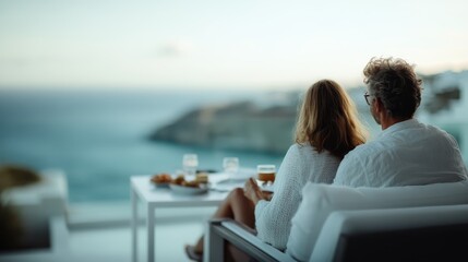 A couple sits on a comfortable outdoor setting, enjoying drinks together while gazing at a stunning ocean backdrop, reflecting a serene and intimate moment.