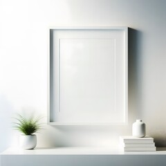 Rectangular White Photo Frame with Plant and Books. Minimalist Home Decor Concept