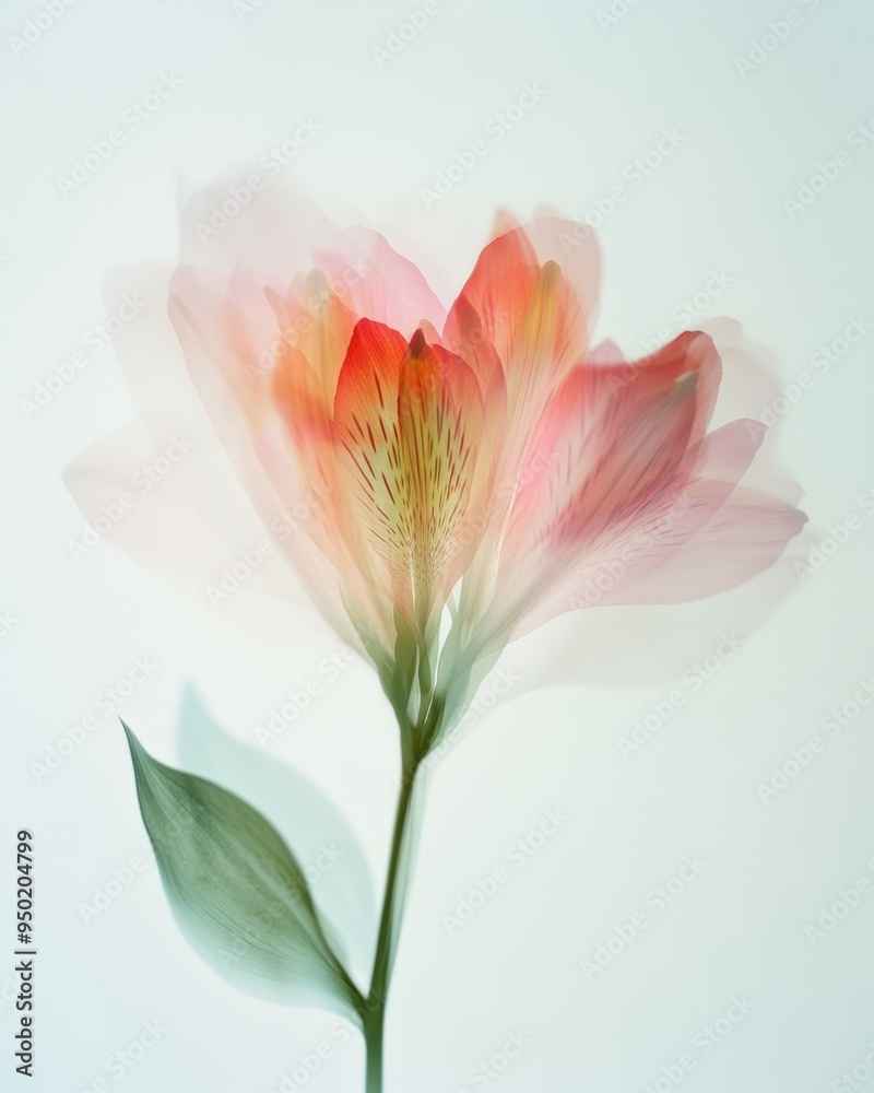 Poster artistic abstract of single red alstroemeria flower using long exposure techniques on soft white bac