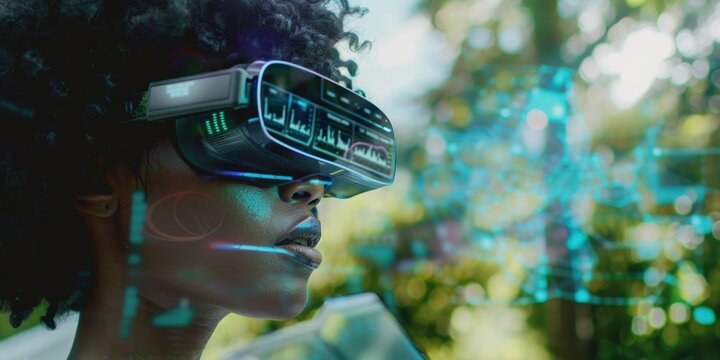 Business and finance with a professional in the metaverse, conducting research or data analysis. Features overlay, holograms, and a stock market worker utilizing a VR dashboard for global insights