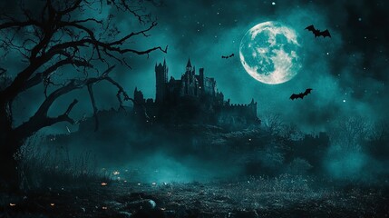 Fototapeta premium Graveyard cemetery to castle In Spooky scary dark Night full moon and bats on dead tree. Holiday event halloween banner background concept.