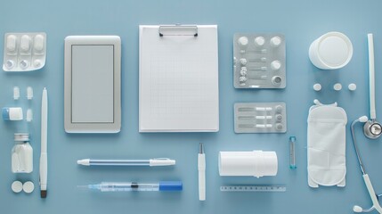 Organized medical desk with prescription pad, pen,