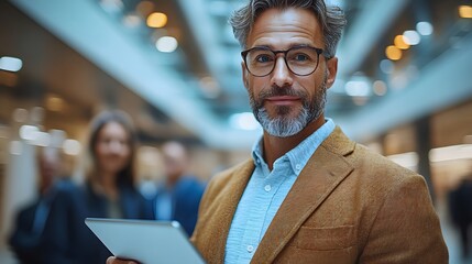 A businessman emphasizing project milestones on a digital tablet with a pen, while customers follow along attentively.