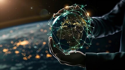 A man holds a data ball in his hand, which is connected by technological lines, like a neural connected artificial intelligence network, suitable for artificial intelligence advertising background