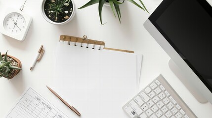 Professional desk setup with calendar, planner, and sleek monitor