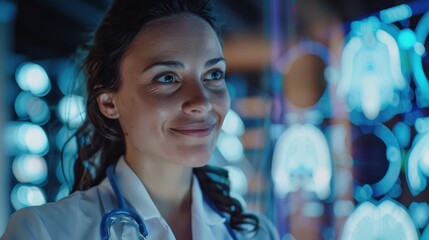 Healthcare professional and woman smiling with holographic medical display, featuring a stethoscope and data analysis chart in a clinical setting