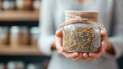 A close-up of hands tenderly holding a glass jar filled with dried herbs, emphasizing the natural and holistic approach to wellness and the beauty of simple, organic items.