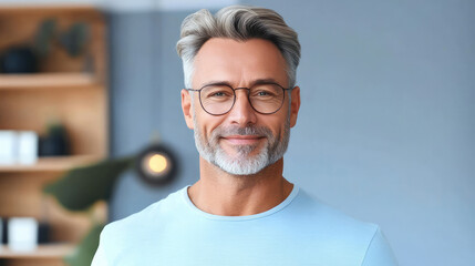 Fototapeta premium A man in a blue shirt smiles confidently in a modern setting with a subtle background, highlighting professionalism and warmth.
