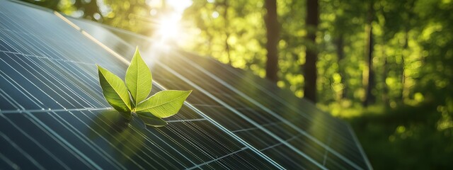 A close-up of solar panels with sunlight shining on them, and an isolated green leaf placed next to the panel