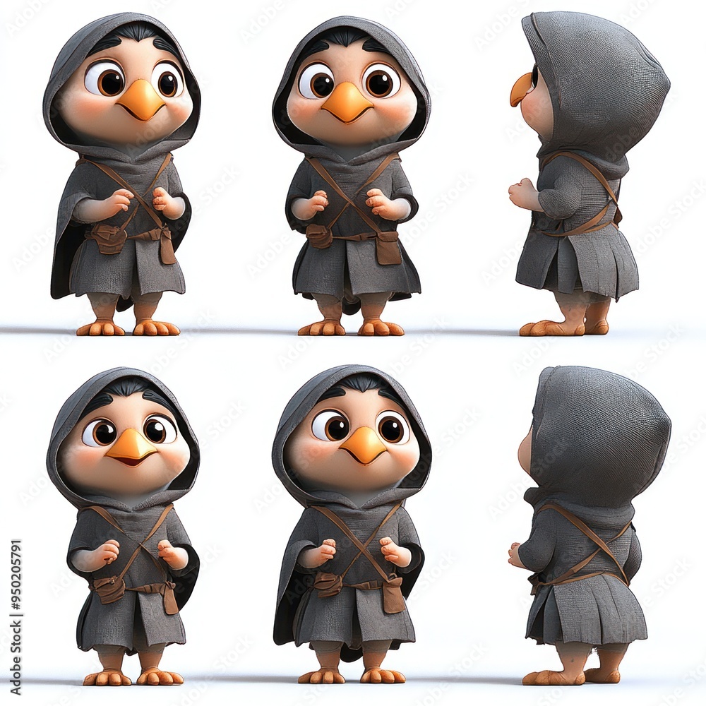 Poster A cute animated character resembling a small bird in a hooded outfit.