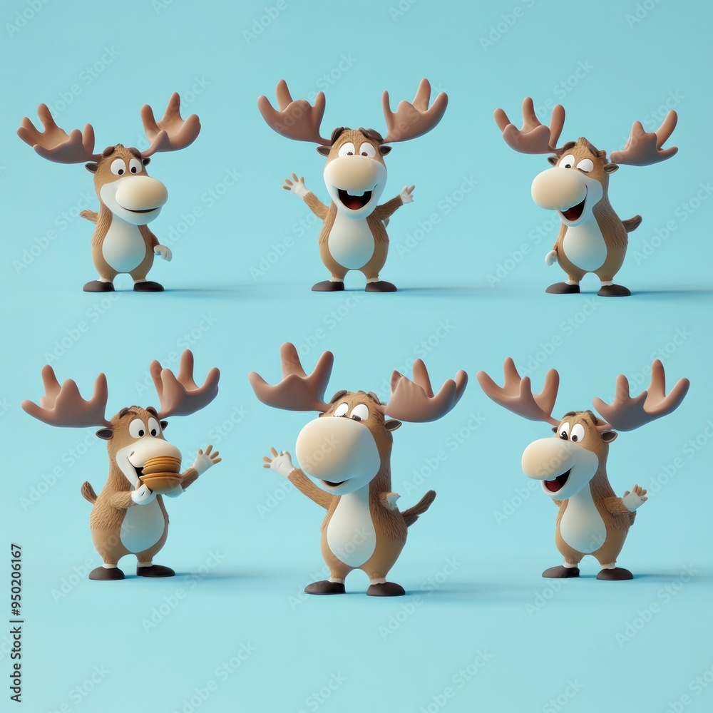 Poster A cartoon moose character displaying various fun poses and expressions.