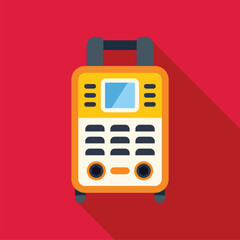 Yellow digital multimeter with screen and buttons on red background