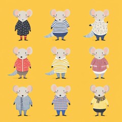 A colorful illustration of cute mice in various outfits on a bright yellow background.