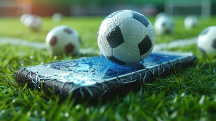 Smartphone displaying a football with a soccer field background for online soccer enthusiasts