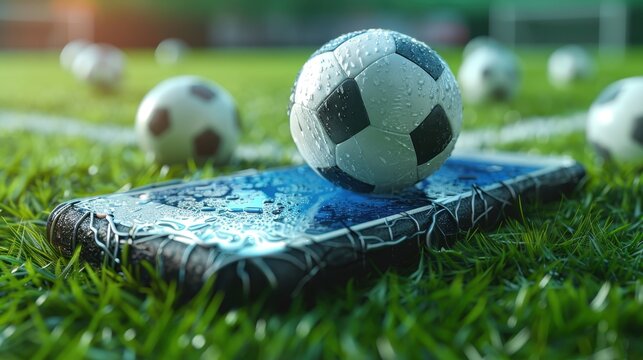 Smartphone displaying a football with a soccer field background for online soccer enthusiasts