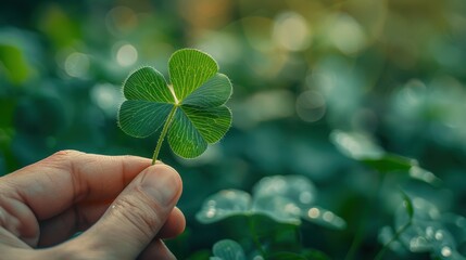 Hand holding a four leaf clover in a lush green background on St. Patrick's Day