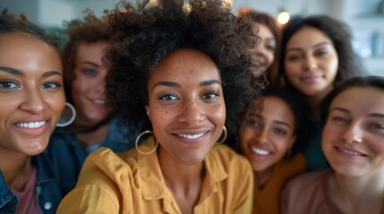 Fototapeta premium Joyful group of varied young friends capturing a selfie together. Women in a professional setting posing for a photo with a smartphone