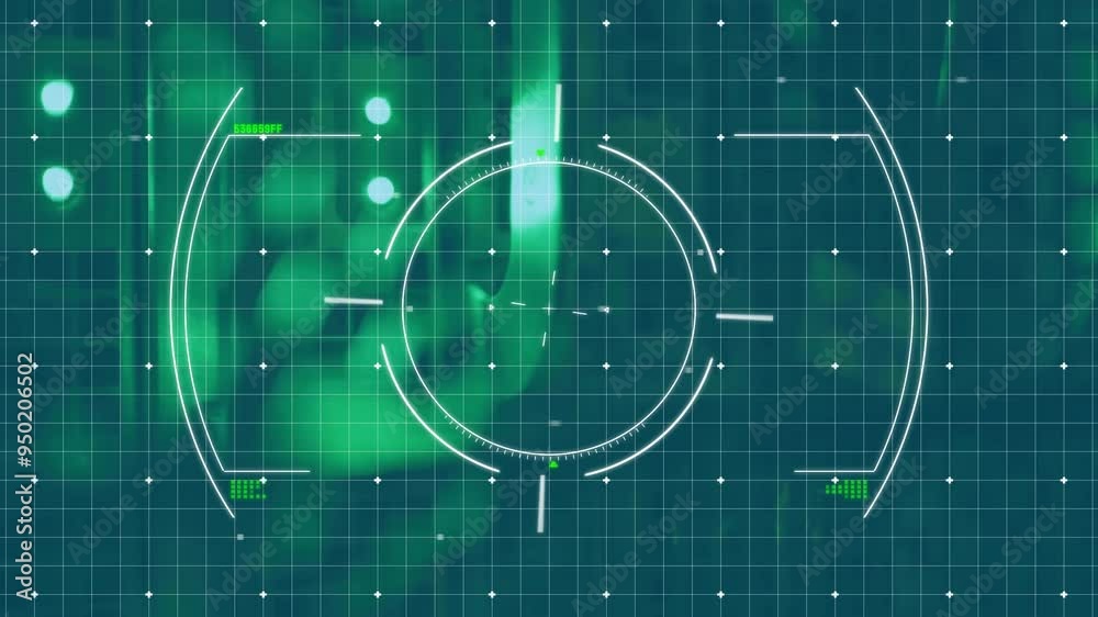 Poster Targeting system animation on green grid background with circular interface elements