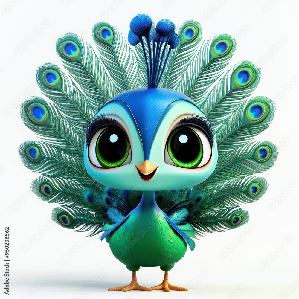 Poster A cute cartoon peacock with vibrant colors and large expressive eyes.