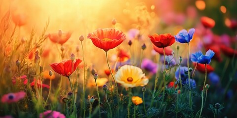Fototapeta premium Colorful floral meadow with beautiful flowers at setting sun field landscape