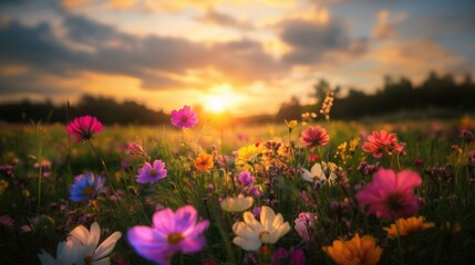 Fototapeta premium Colorful floral meadow with beautiful flowers at setting sun field landscape