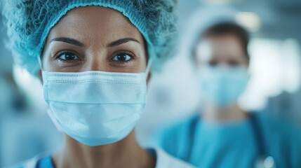 Two medical professionals in hospital attire, including surgical caps and scrubs, are seen from different angles discussing patient care in a modern medical facility.