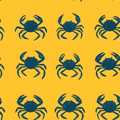 pattern of blue crabs on a bright yellow background