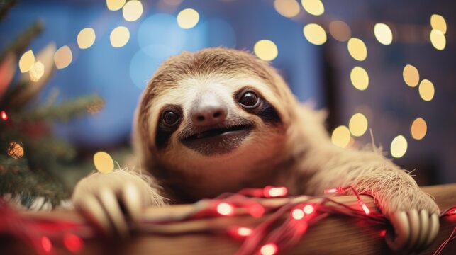 Cheerful Sloth with Christmas Lights