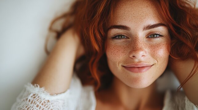 A young woman with red hair and freckles is lying on a white surface, smiling gently at the camera, conveying a sense of happiness, relaxation, and inner peace.