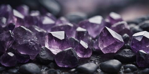 Amethyst Crystals and Gemstones in Misty Surroundings.