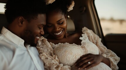 A happy expectant couple shares a joyful moment in a cozy indoor setting; the woman cradling her baby bump while the man lovingly looks at her, symbolizing love and affection.