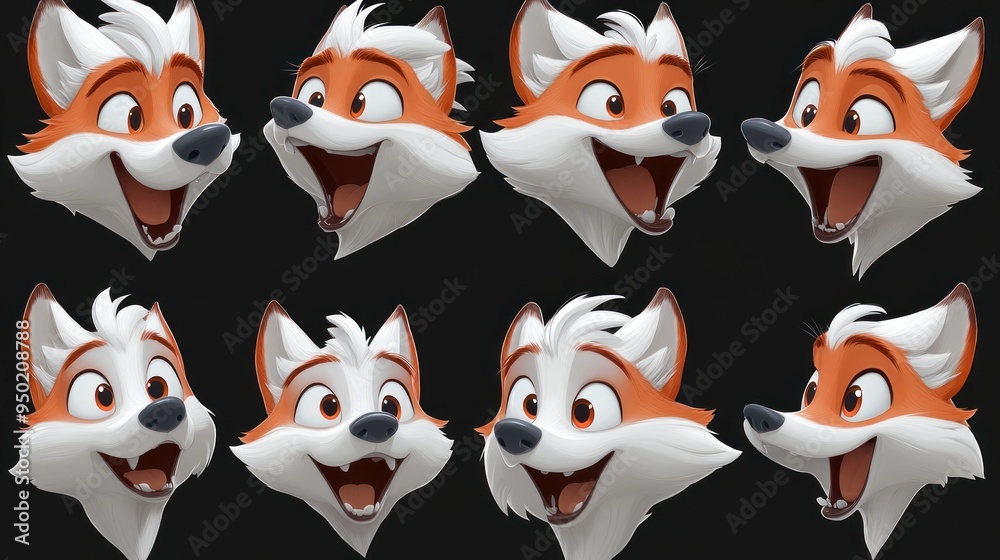 Poster A collection of animated fox heads displaying various cheerful expressions.