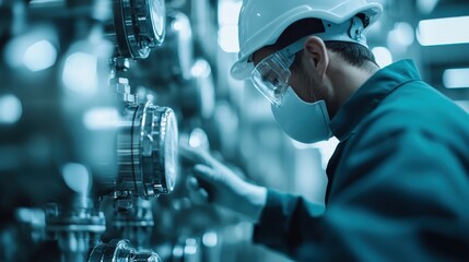 A technician in a safety helmet operates various gauge devices within an industrial facility, emphasizing technical skill and the importance of monitoring in mechanical environments.