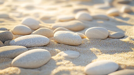 Smooth pebbles arranged in Zen like pattern on sandy ground create tranquil atmosphere. soft colors and gentle shapes evoke sense of calm and serenity.