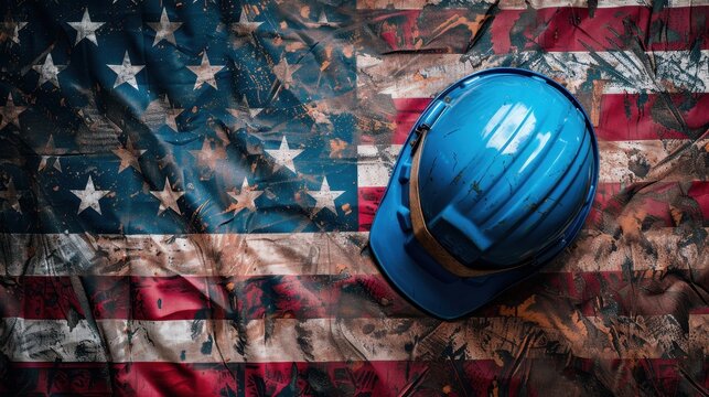 A blue builder's hard hat resting on an American flag for Labor Day celebration