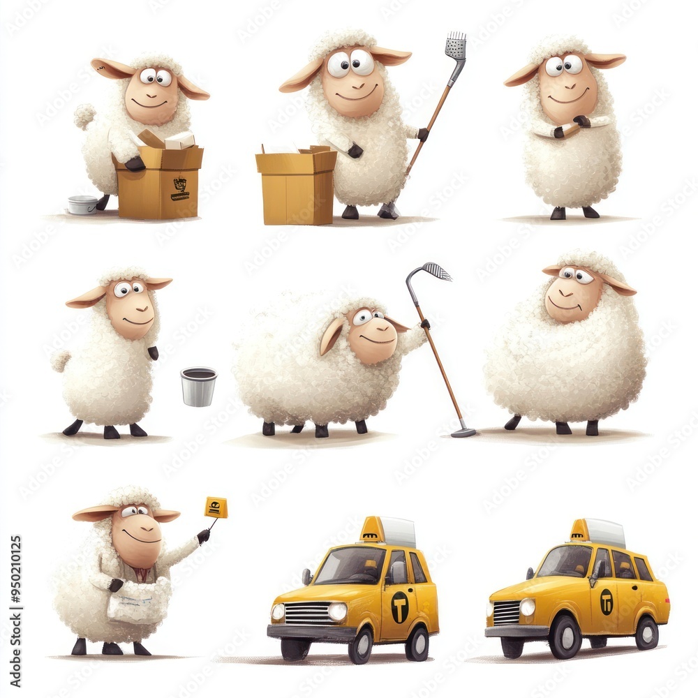 Poster A collection of animated sheep performing various activities, including working and driving.