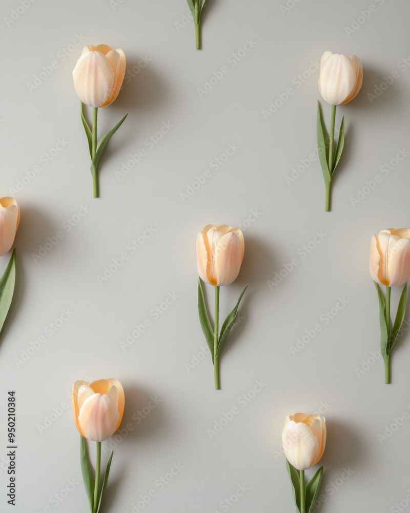 Poster clean repetition of orange tulips on soft gray background with shadows, evoking a calm sunny day