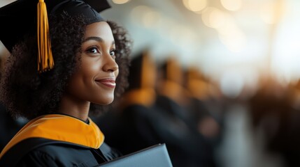 Triumphant image of a student in graduation cap and gown, beaming with a proud smile during a graduation ceremony, capturing a moment of joy, accomplishment, and new beginnings.