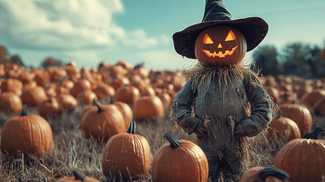 Scary scarecrow in a field full of pumpkins. Halloween concept