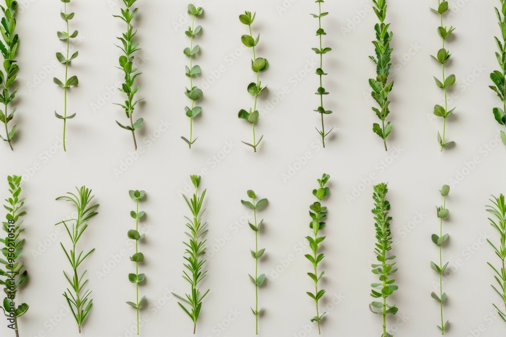 Poster simple clean repeated green plants on soft beige background with small shadows – bright pastel color