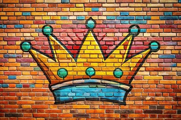 Pop art comic street graffiti featuring a crown on a symmetrical brick wall, art, colorful, spray paint, symmetrical, vibrant, street graffiti, urban, modern, graffiti art, illustration