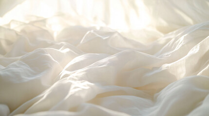 Crisp white bed linens are gently smoothed and fluffed, creating serene and inviting atmosphere. soft texture and light play evoke sense of calm and comfort.