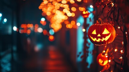 Naklejka premium Glowing pumpkin decorations of the city for the holiday. Halloween concept. Background with selective focus 