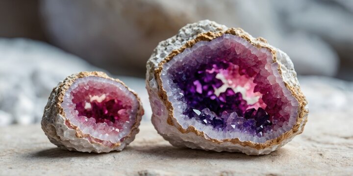 Close up of pink and purple crystal geodes inside white rock.