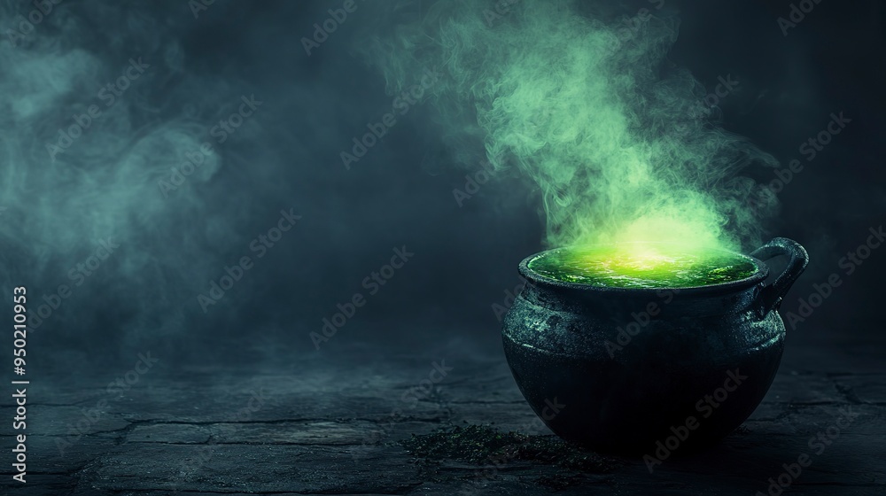 Poster Cauldron with green glowing potion isolated on a dark foggy background 