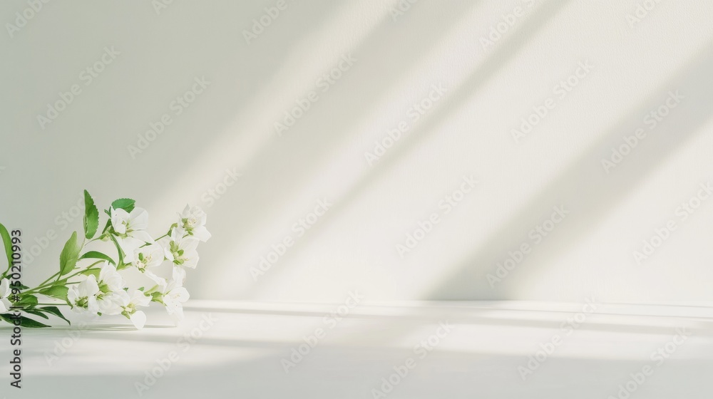 Poster soft white floral table with gentle beams of light serene and tranquil composition in a pastel setti
