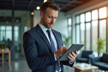 Business professional in modern office holding a tablet, symbolizing technology and corporate success